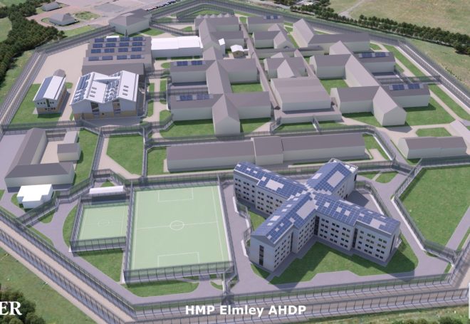 HMP Elmley Aerial view of a prison layout with multiple buildings and surrounding green areas.