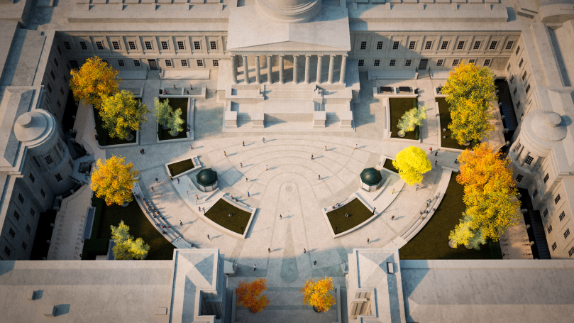 University College Londond Aerial view of a landscaped courtyard with trees in autumn colours and a central fountain.